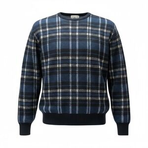 Pebble Beach Men's Plaid Sweater, Long Sleeves, Knit Pullover, Blue & White‎